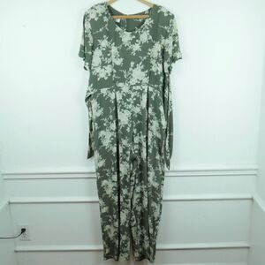Vintage L XL Jumpsuit Wide Leg Sage Green Floral Tieback Boho Cottagecore 90s